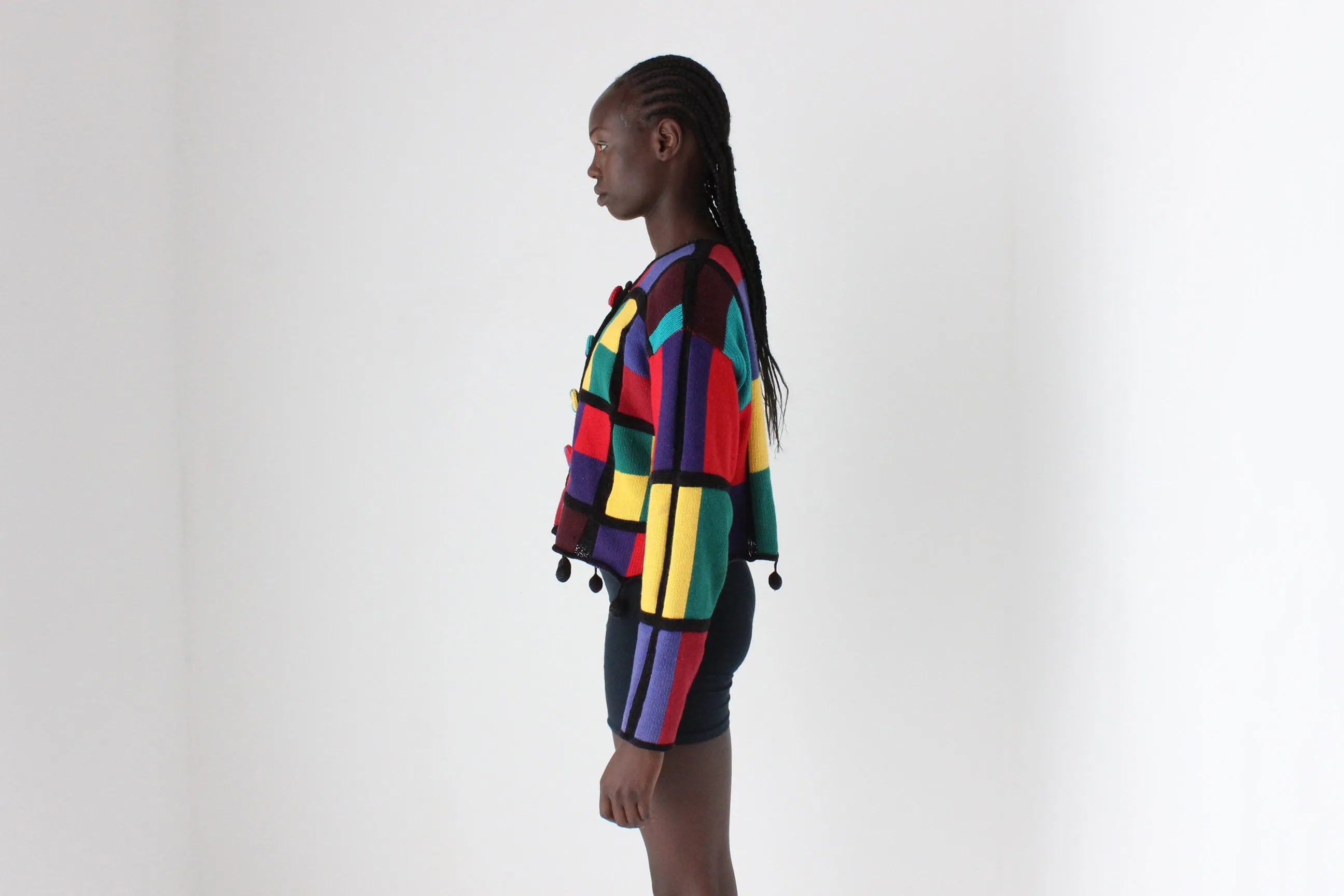 80s Rainbow Checkerboard Cotton & Ramie Cropped Knit