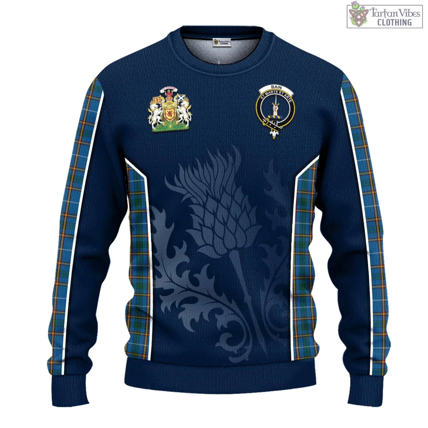 Bain Tartan Knitted Sweatshirt with Family Crest and Scottish Thistle Vibes Sport Style
