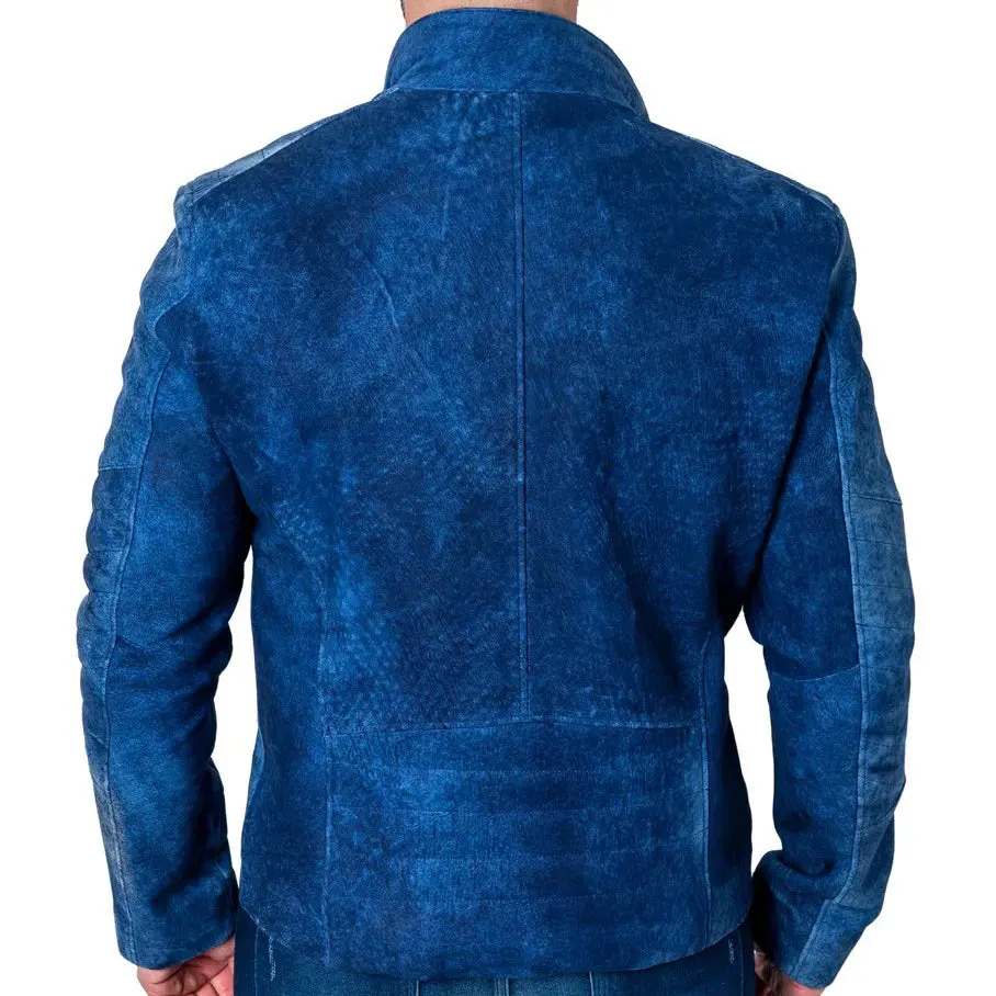 Blue Suede Leather Motorcycle Jacket For Men