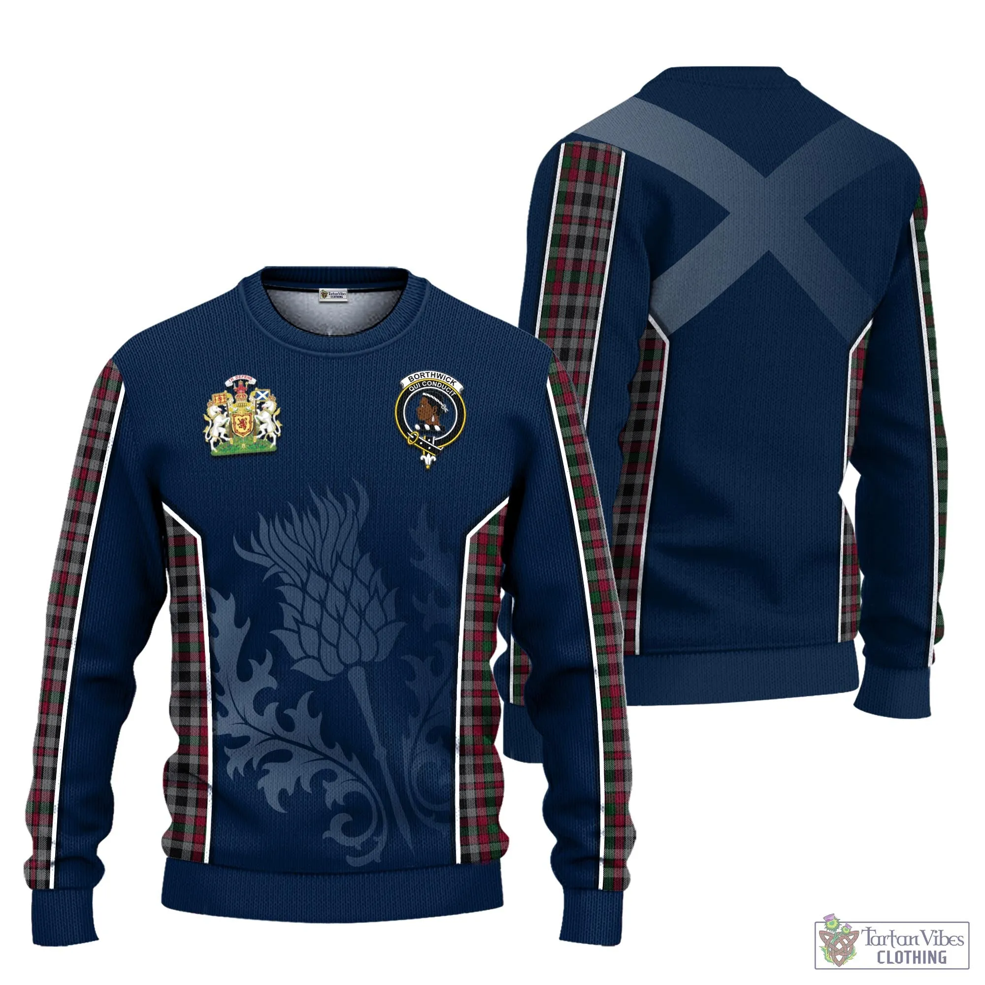 Borthwick Tartan Knitted Sweatshirt with Family Crest and Scottish Thistle Vibes Sport Style