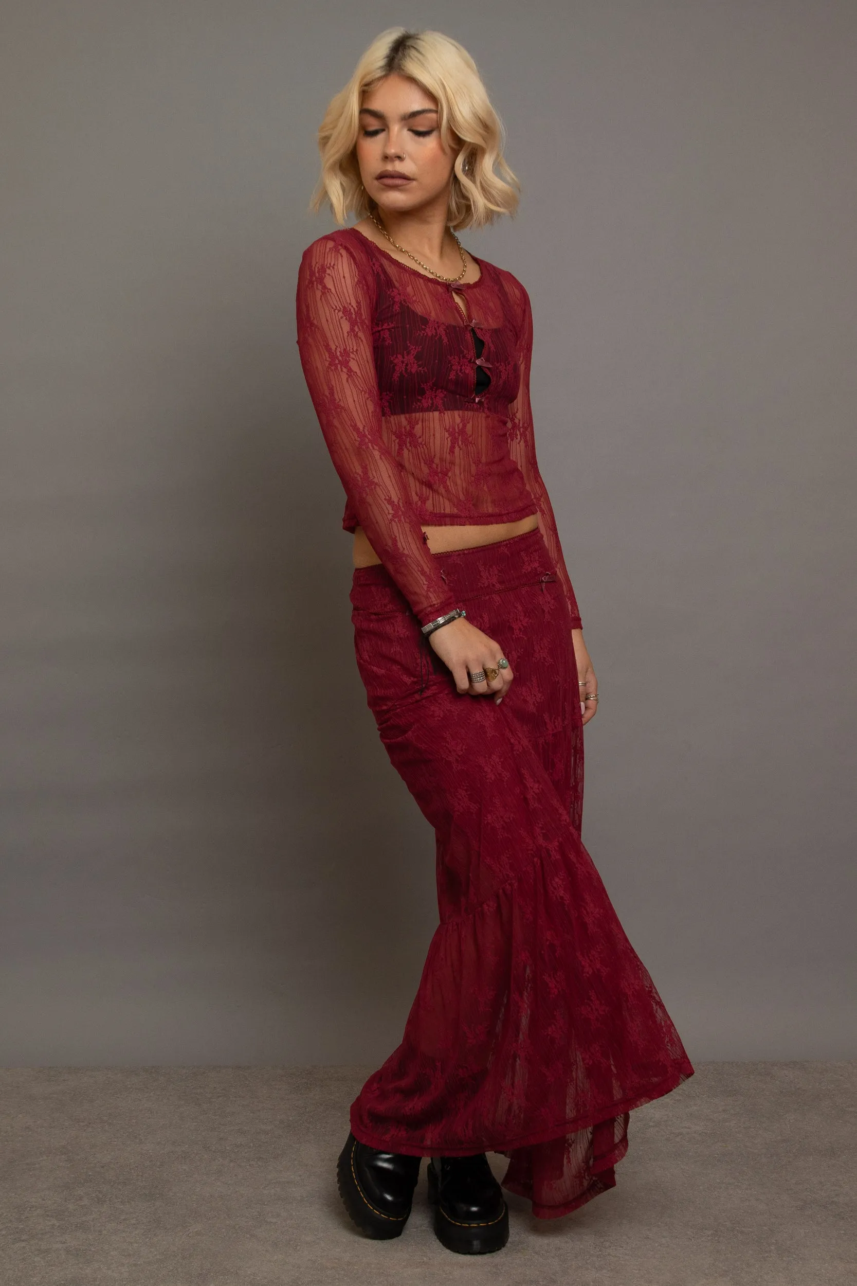 Daisy Street - Red Lace Maxi Skirt with Bow Detail
