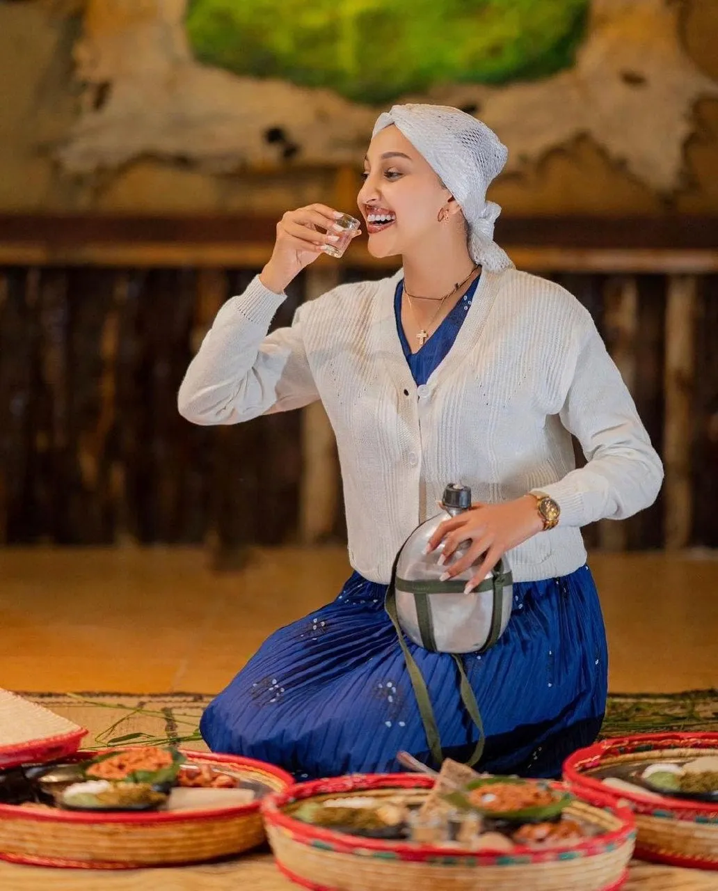 Elegant Dark Blue Gurage Cultural Dress with White Sweater Gurhaghe Dress Ethiopian Cultural Dress