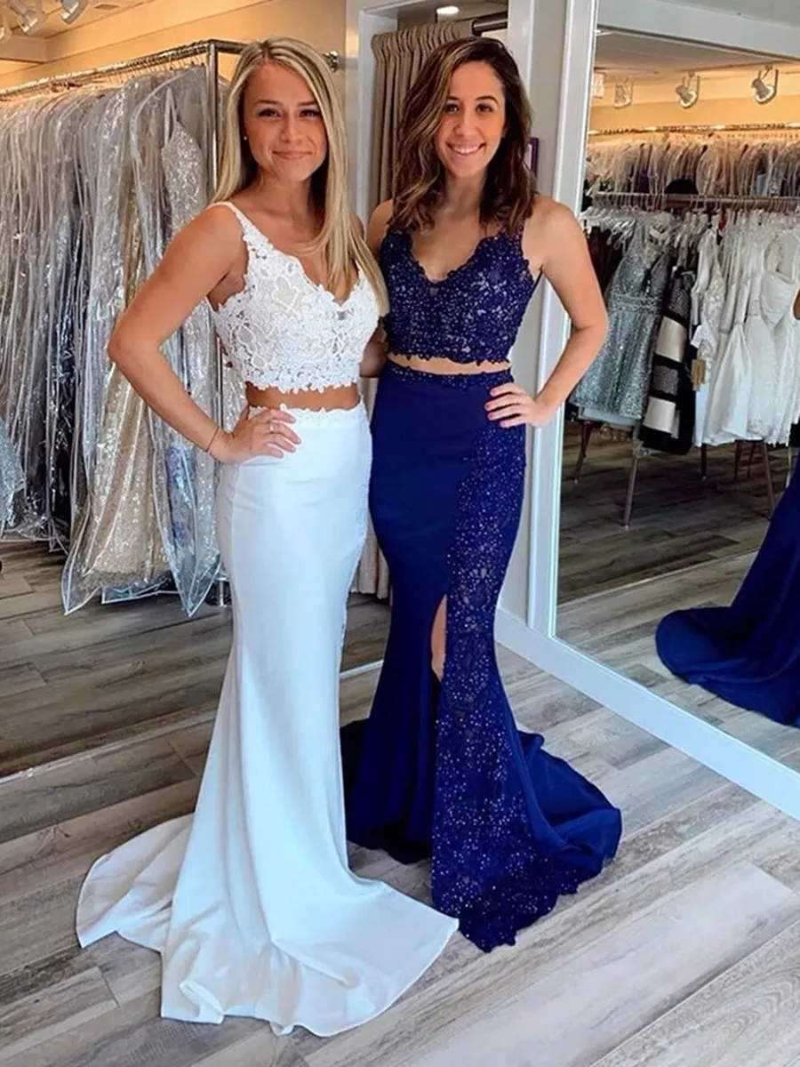 Elegant V Neck Two Pieces Backless Mermaid Lace Top White Prom with Slit, 2 Piece Mermaid Lace White Formal Graduation Evening