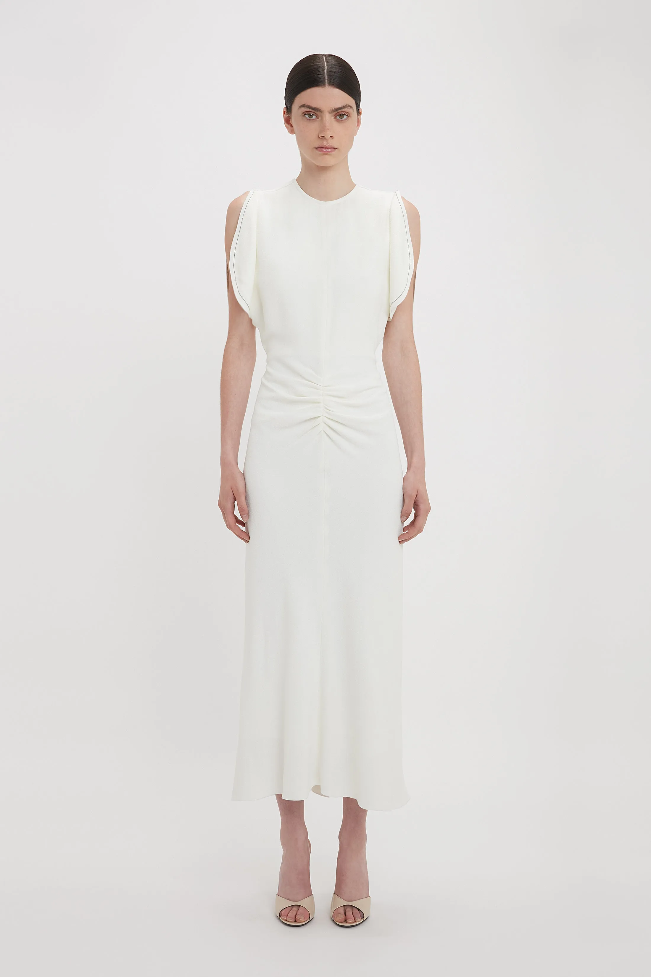 Exclusive Gathered Waist Midi Dress In Ivory