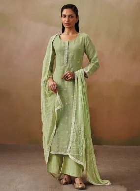 Ganga Green Cotton Linen Unstitched Suit Material with Chiffon Dupatta