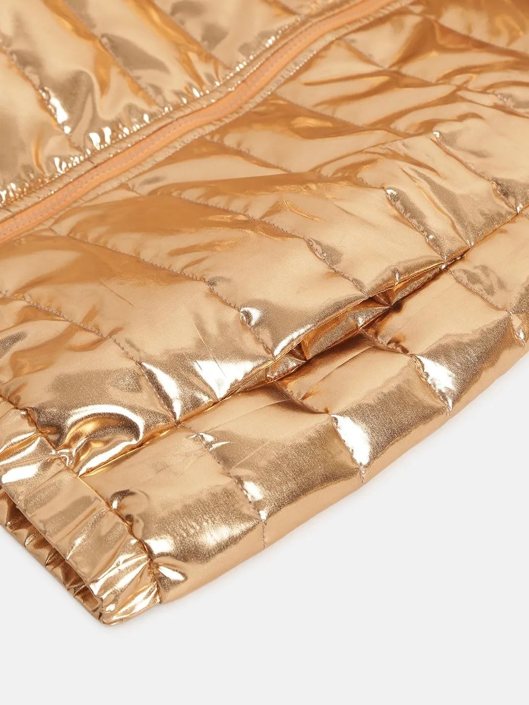 Girls Copper Metallic Full Sleeve Puffer Jacket