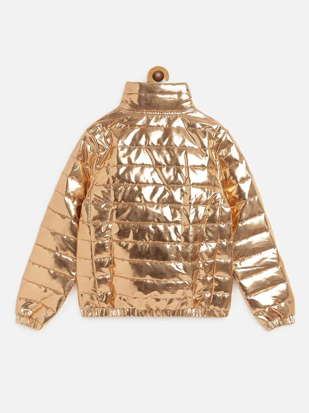 Girls Copper Metallic Full Sleeve Puffer Jacket