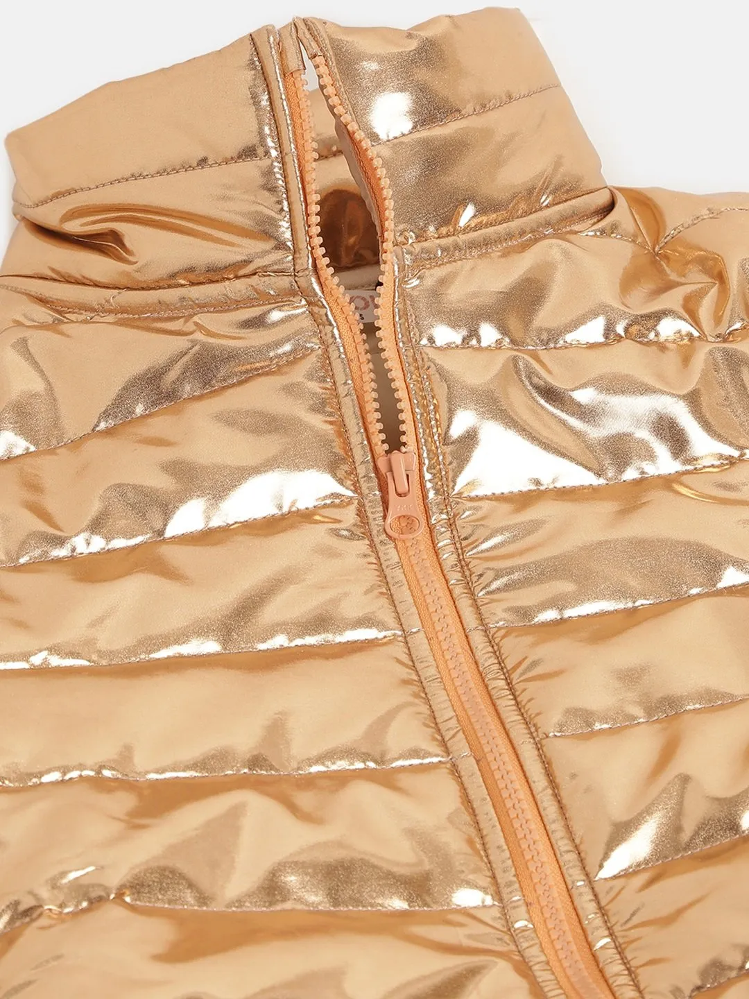 Girls Copper Metallic Full Sleeve Puffer Jacket