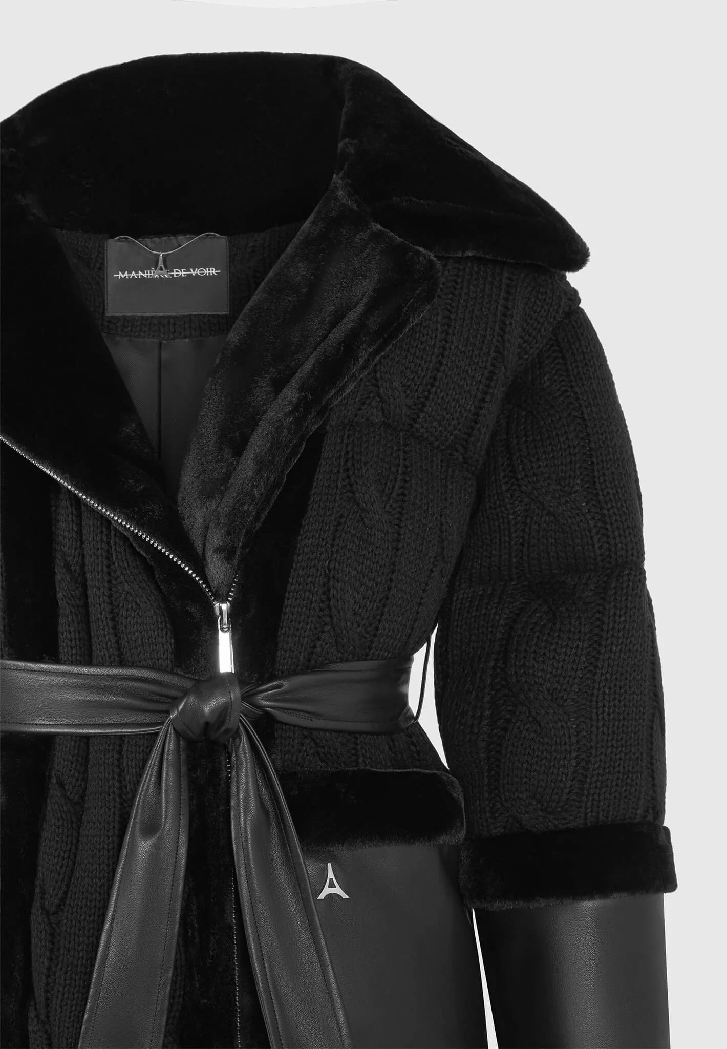 Knit and Plush Puffer Biker Jacket - Black