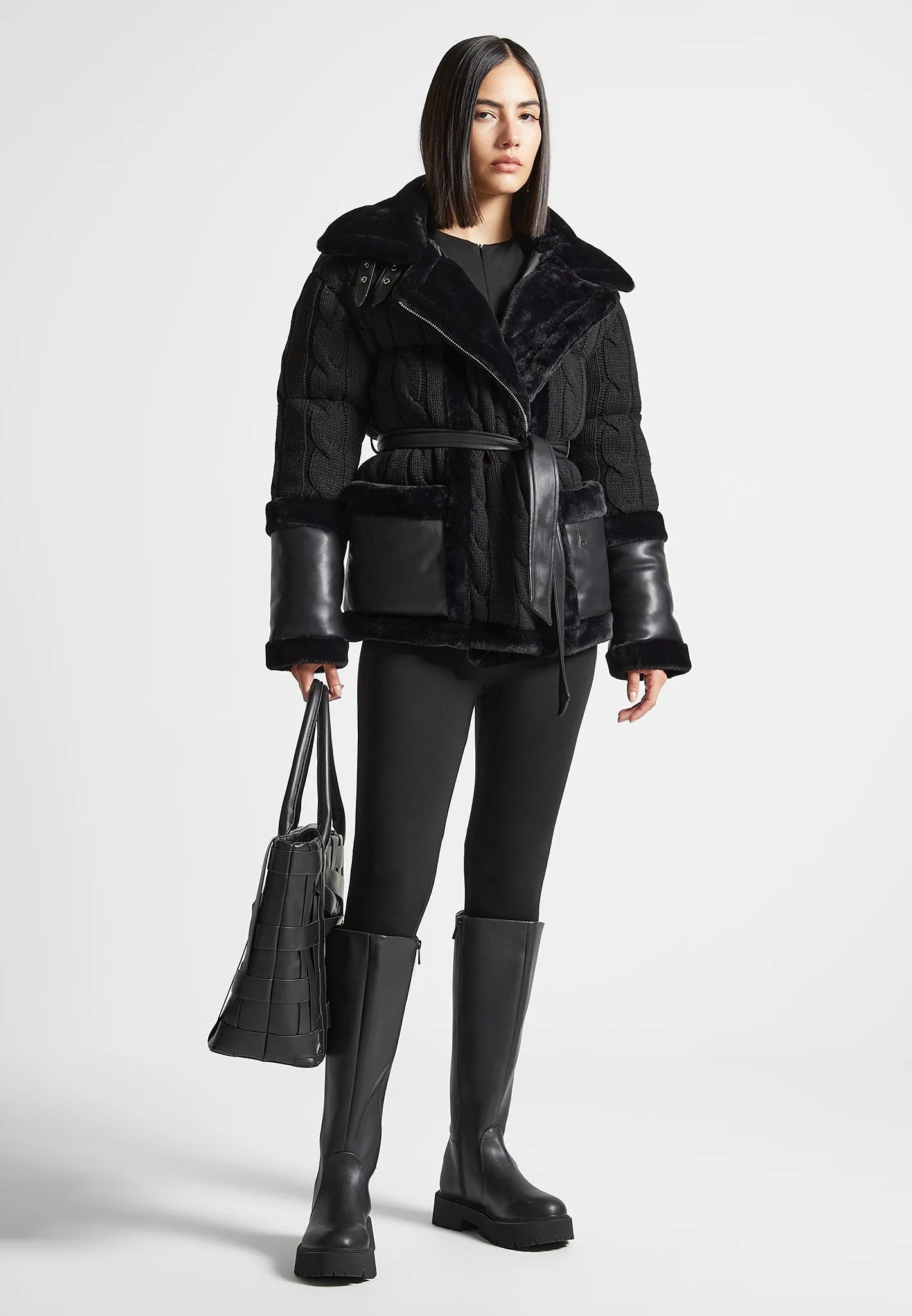 Knit and Plush Puffer Biker Jacket - Black