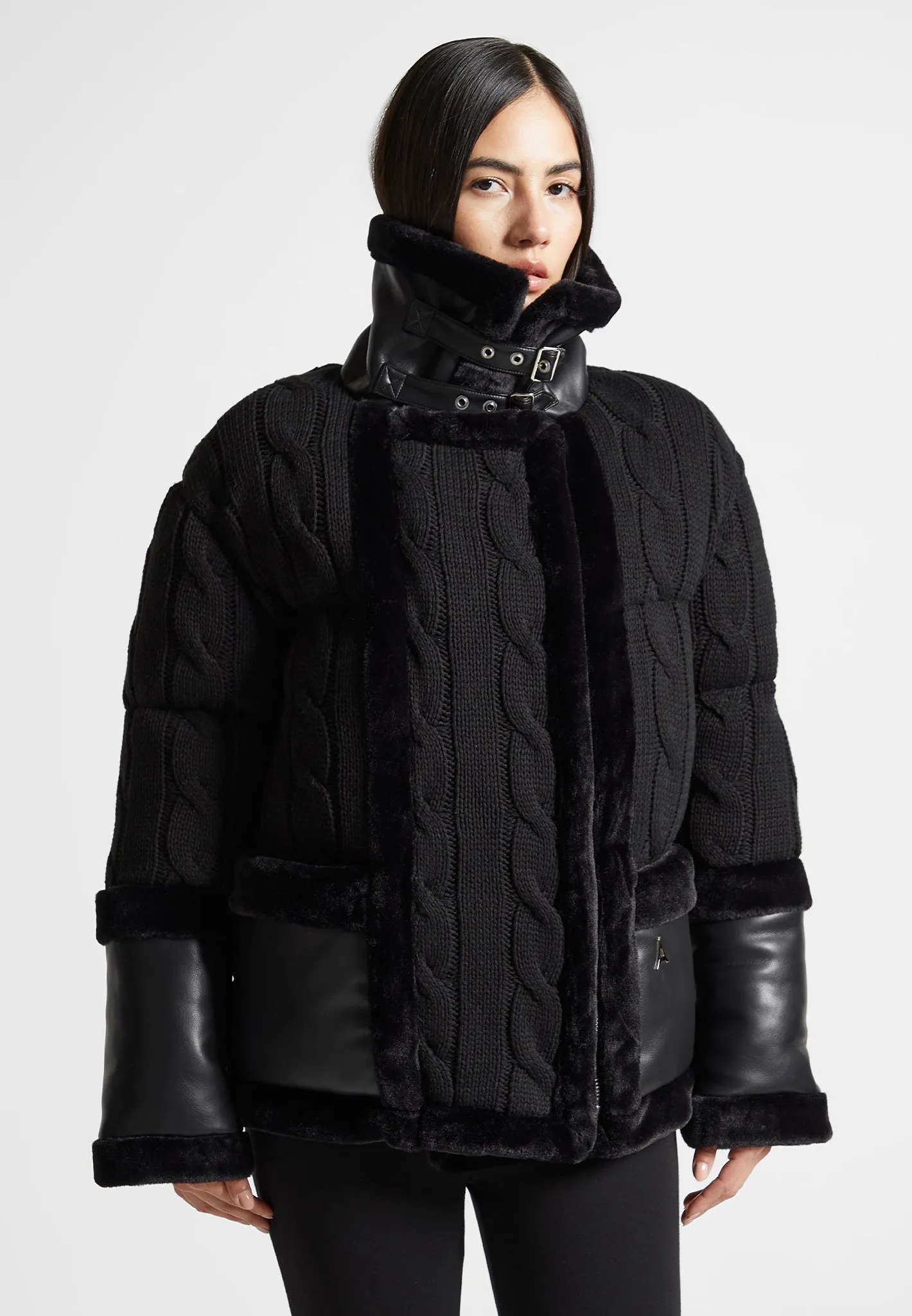 Knit and Plush Puffer Biker Jacket - Black