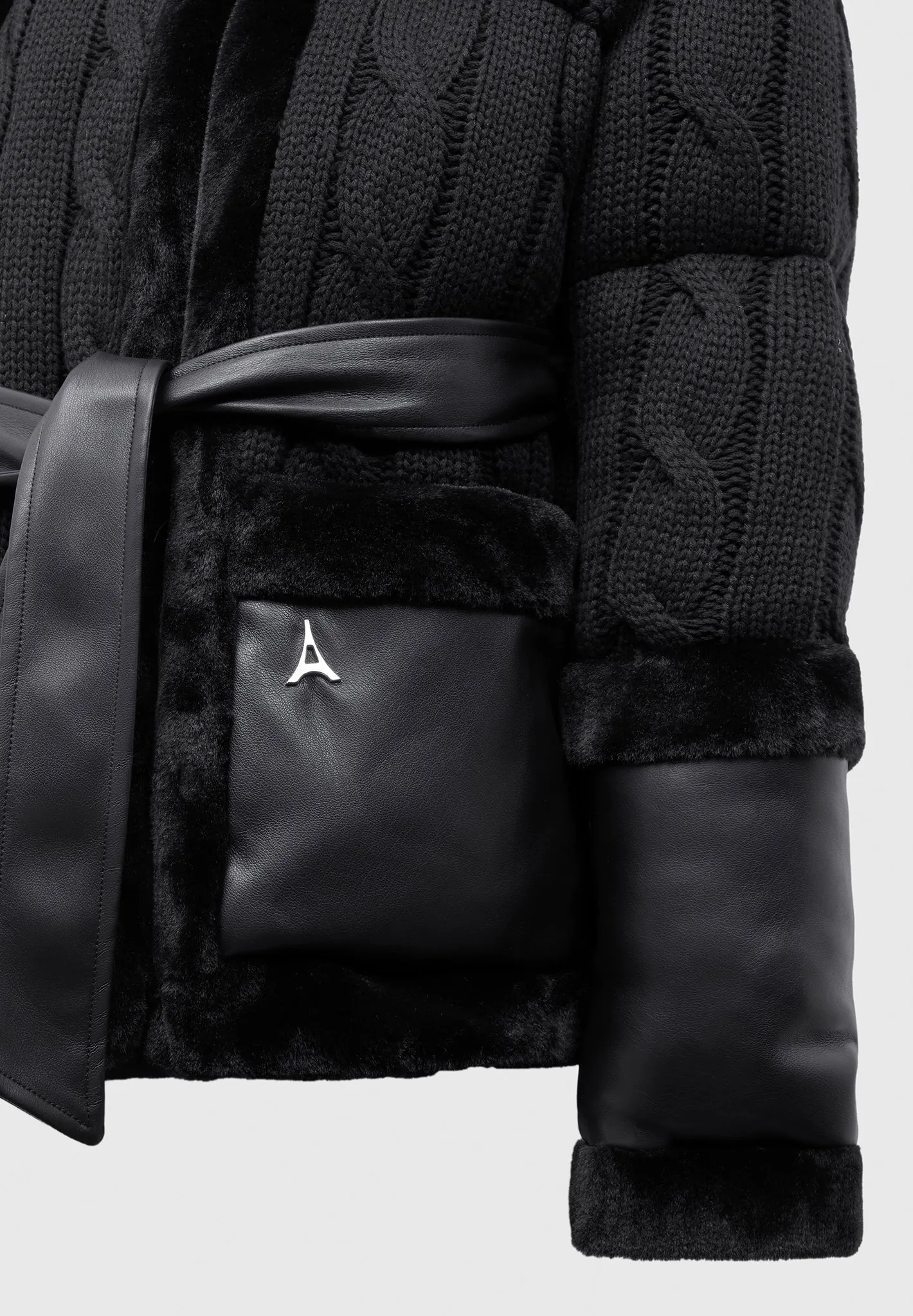Knit and Plush Puffer Biker Jacket - Black