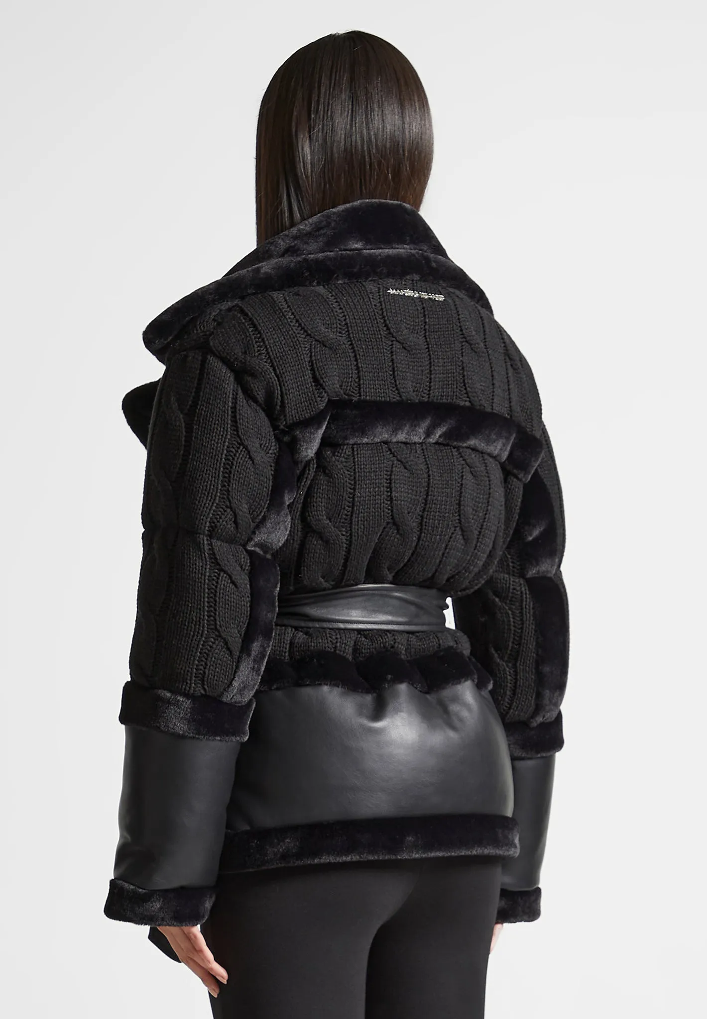 Knit and Plush Puffer Biker Jacket - Black