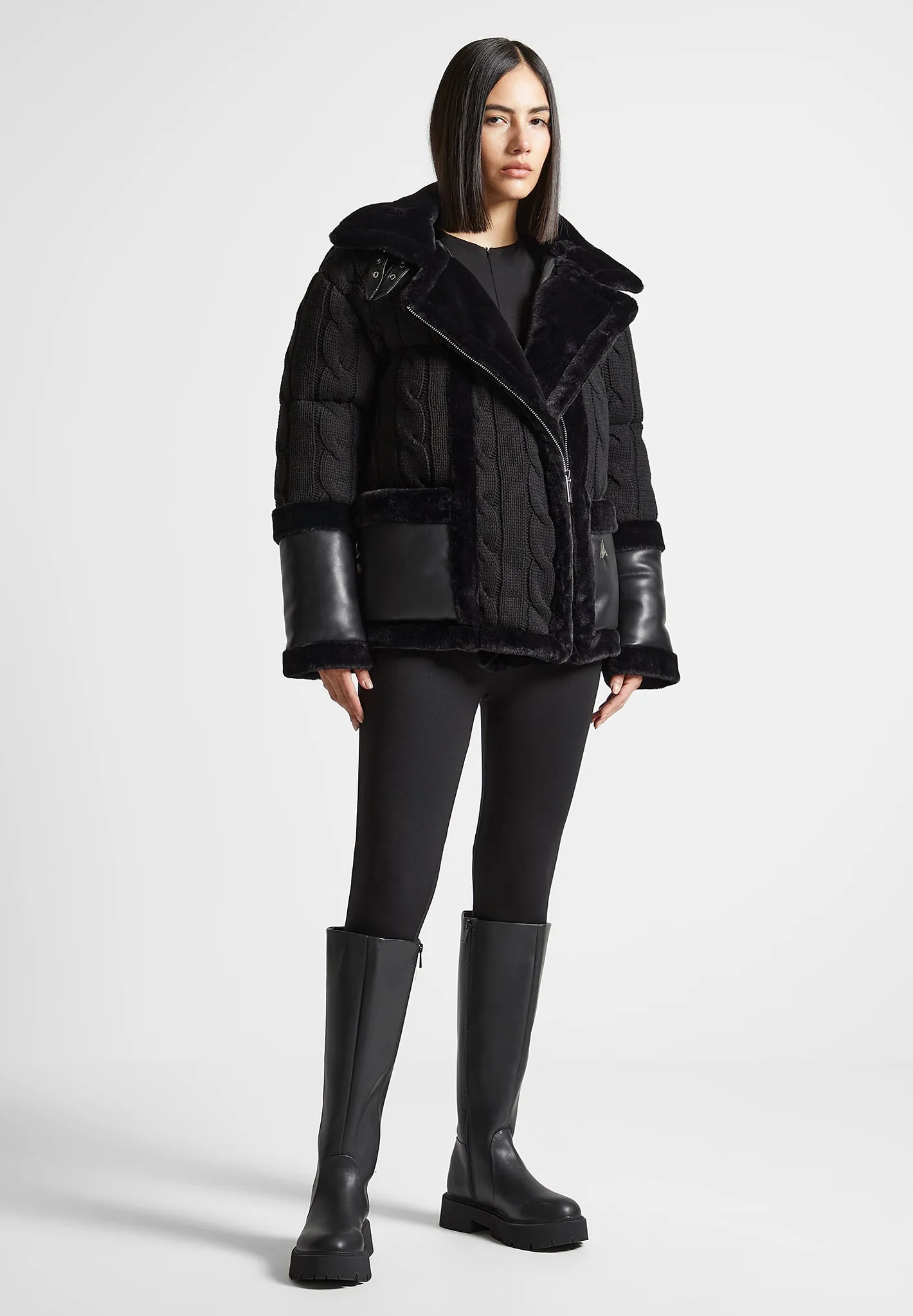 Knit and Plush Puffer Biker Jacket - Black