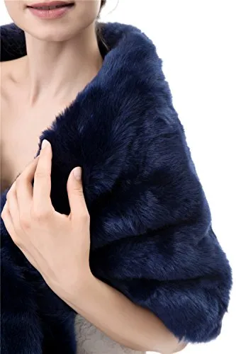 Kumeng Women's Winter Warm Faux Fur Shawl Coat Jacket Parka Outerwear Tops (Navy Blue, Large)