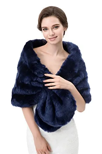 Kumeng Women's Winter Warm Faux Fur Shawl Coat Jacket Parka Outerwear Tops (Navy Blue, Large)
