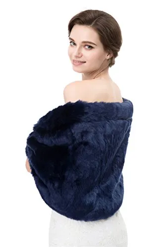 Kumeng Women's Winter Warm Faux Fur Shawl Coat Jacket Parka Outerwear Tops (Navy Blue, Large)