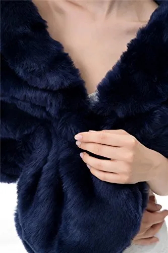 Kumeng Women's Winter Warm Faux Fur Shawl Coat Jacket Parka Outerwear Tops (Navy Blue, Large)