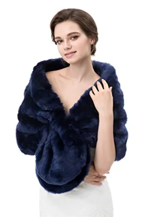 Kumeng Women's Winter Warm Faux Fur Shawl Coat Jacket Parka Outerwear Tops (Navy Blue, Large)