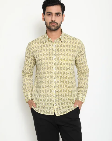 Light Green Full Sleeve Cotton Hand Block Printed Men’s Shirt