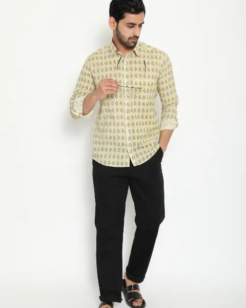 Light Green Full Sleeve Cotton Hand Block Printed Men’s Shirt