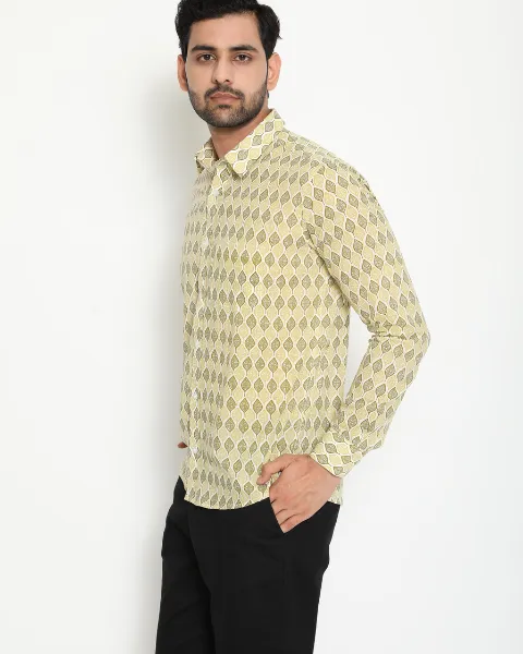 Light Green Full Sleeve Cotton Hand Block Printed Men’s Shirt