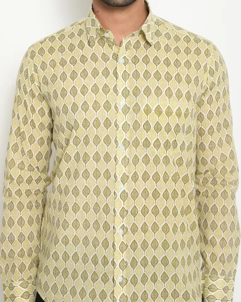 Light Green Full Sleeve Cotton Hand Block Printed Men’s Shirt