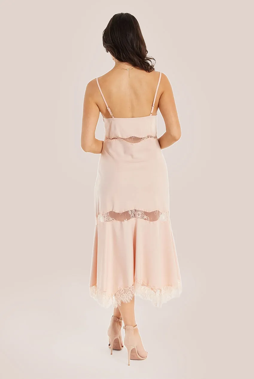 Liquorish Fine Lace Detail Strip Midi Dress In Nude