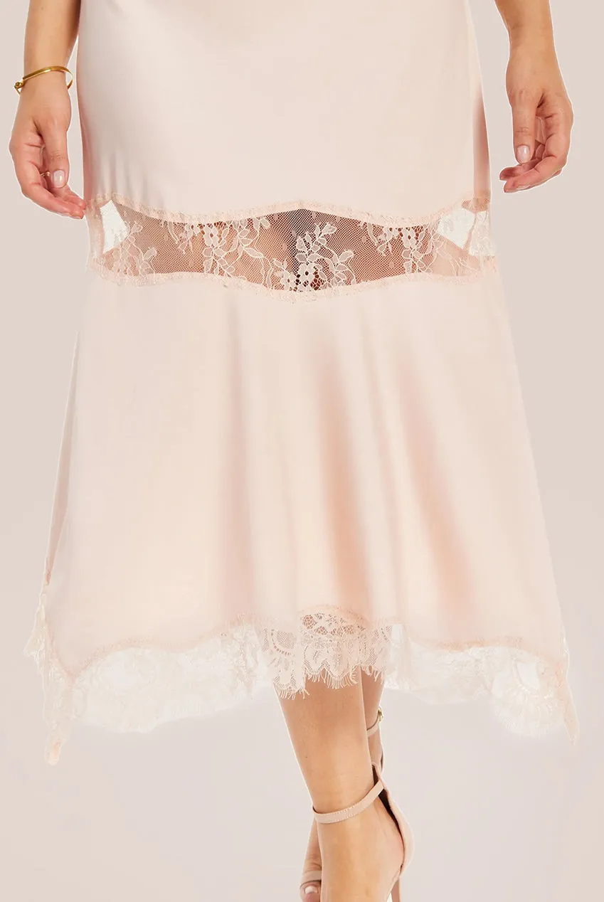 Liquorish Fine Lace Detail Strip Midi Dress In Nude