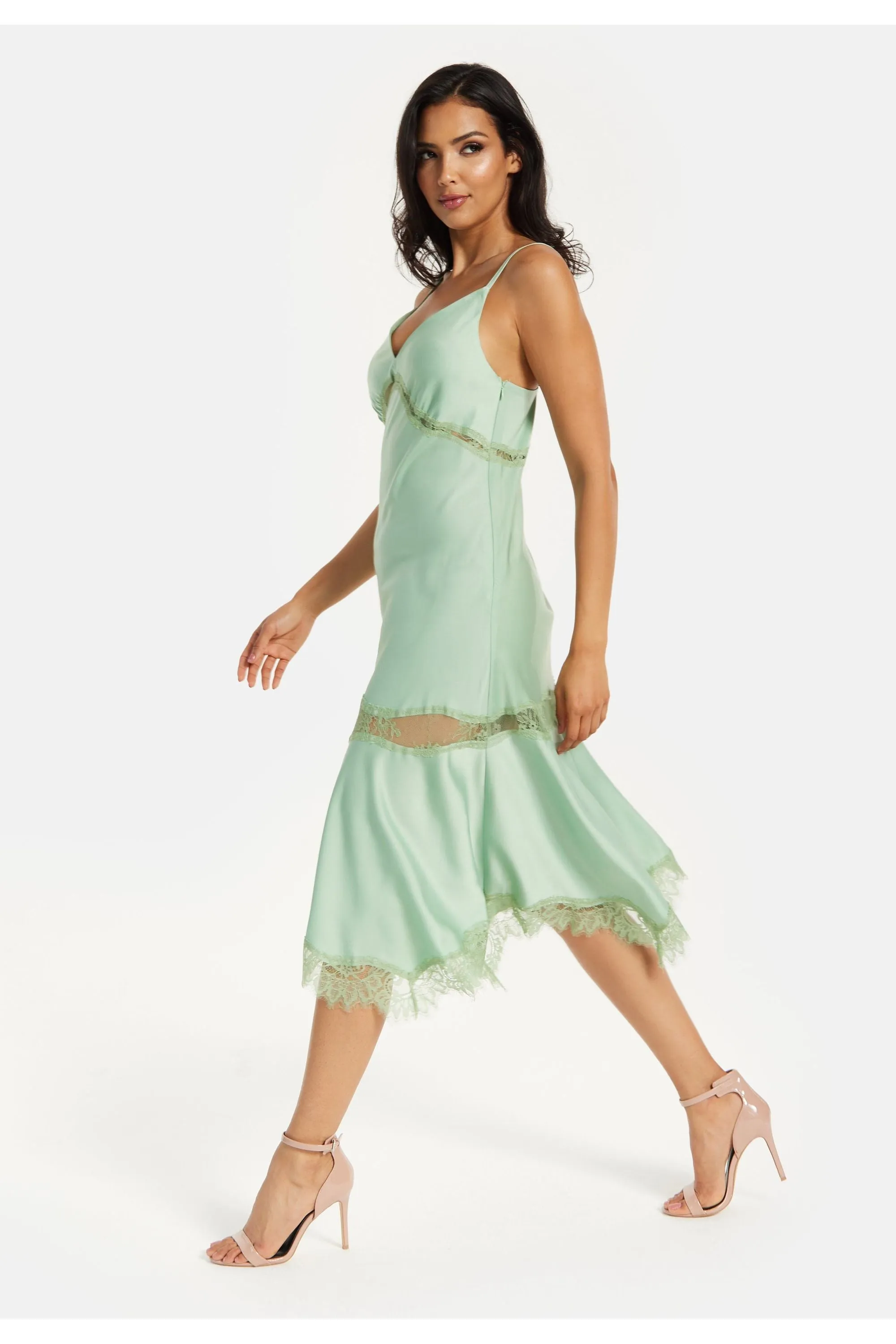 Liquorish Fine Lace Detail Strip Midi Dress In Sage Green