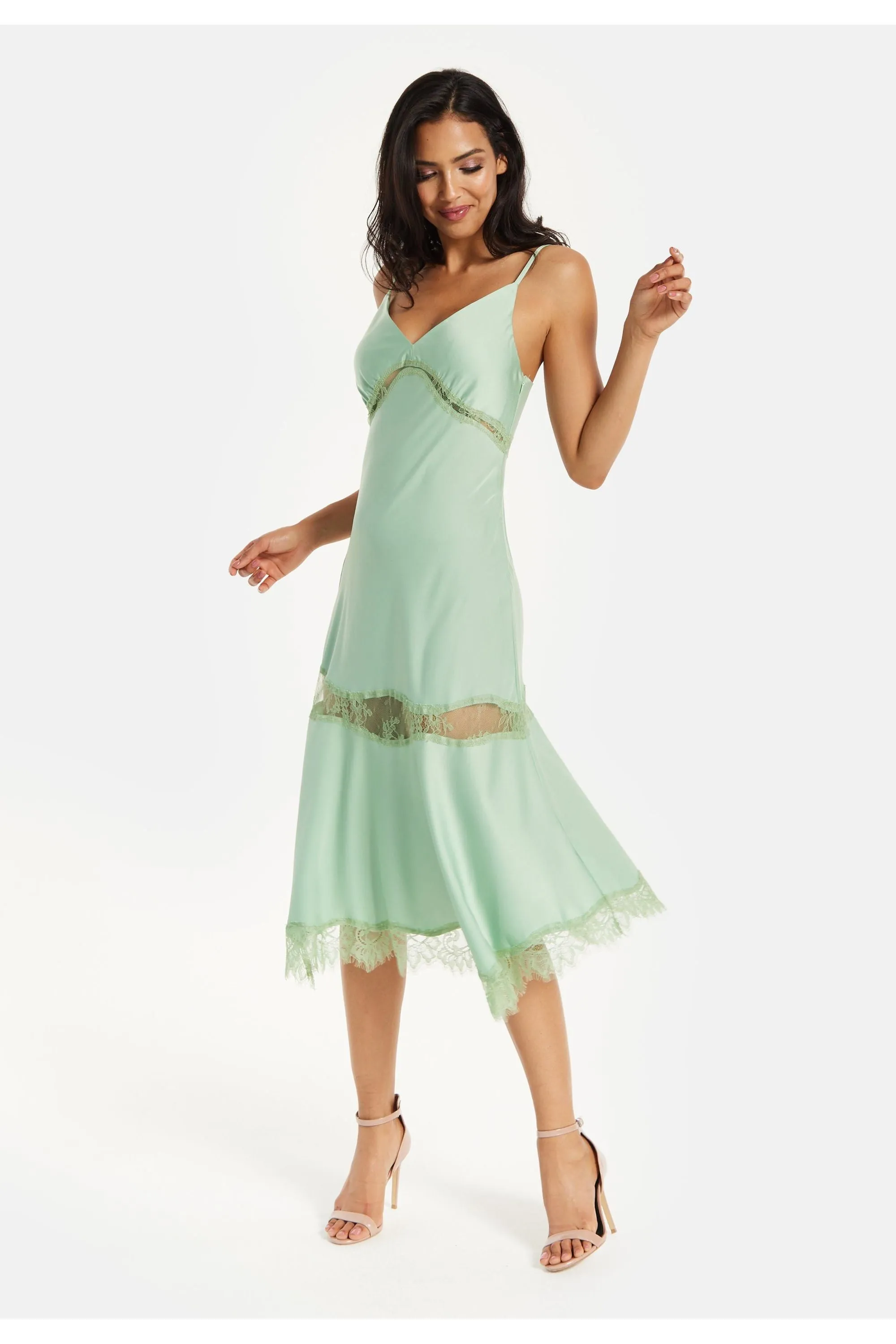 Liquorish Fine Lace Detail Strip Midi Dress In Sage Green