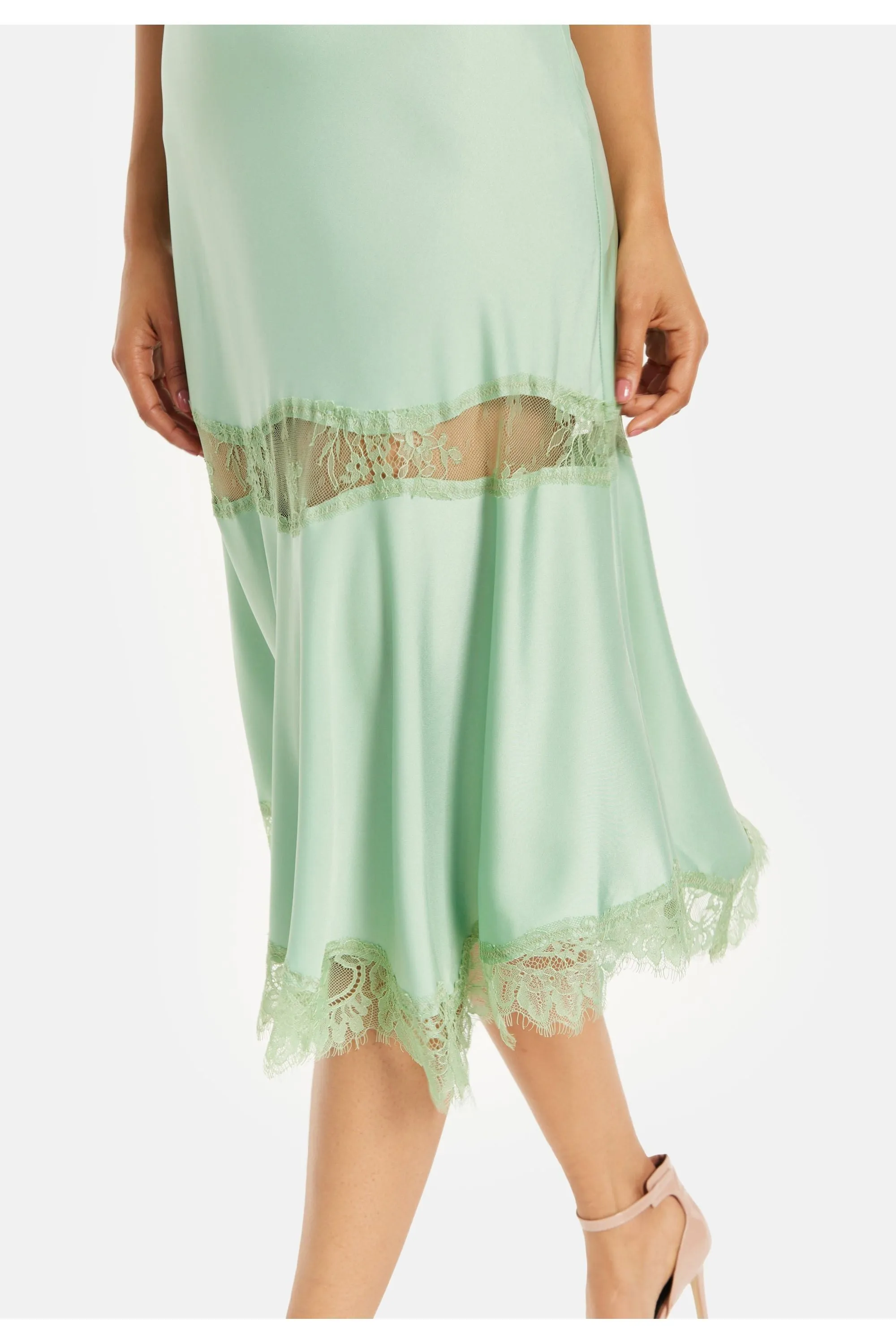 Liquorish Fine Lace Detail Strip Midi Dress In Sage Green