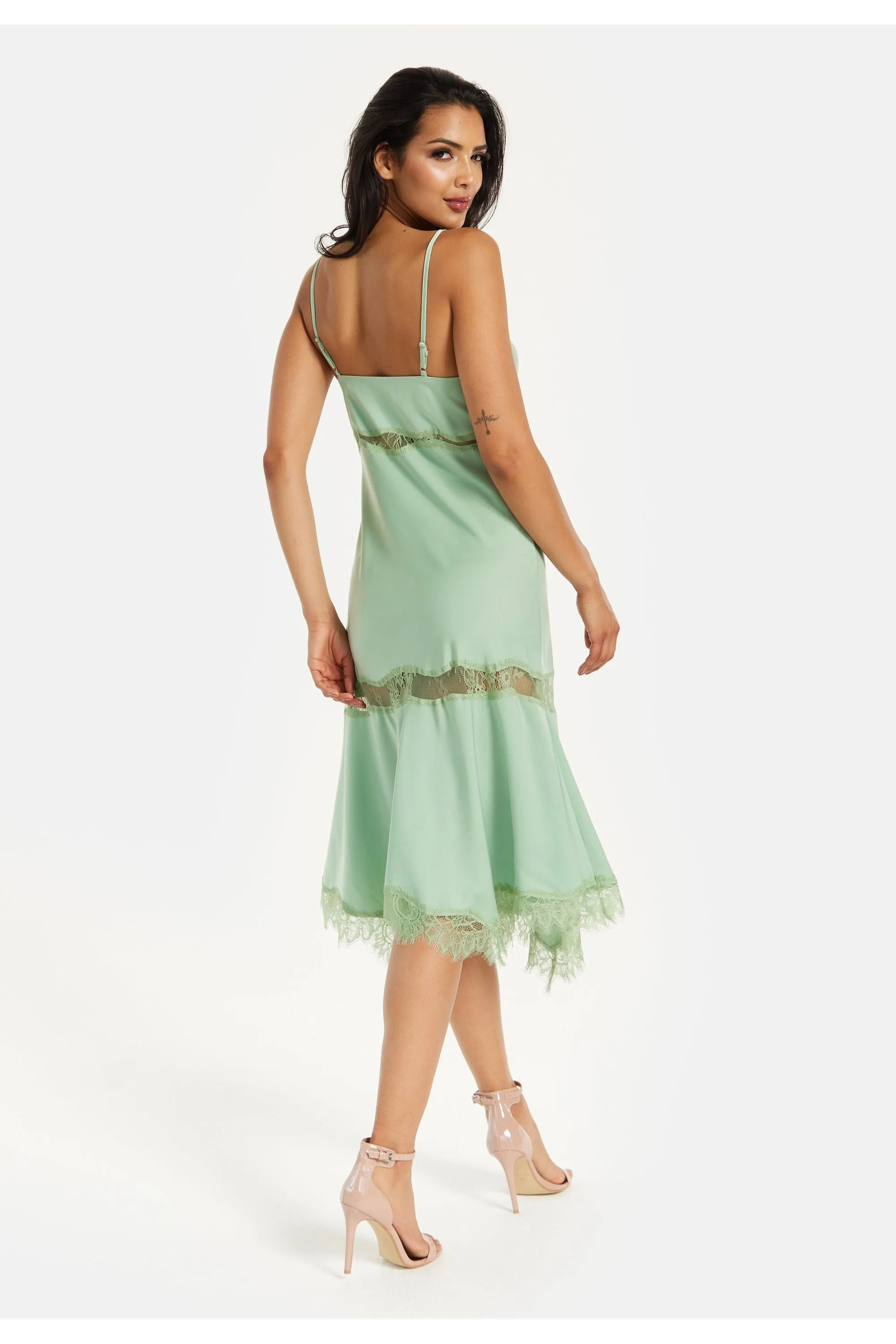 Liquorish Fine Lace Detail Strip Midi Dress In Sage Green