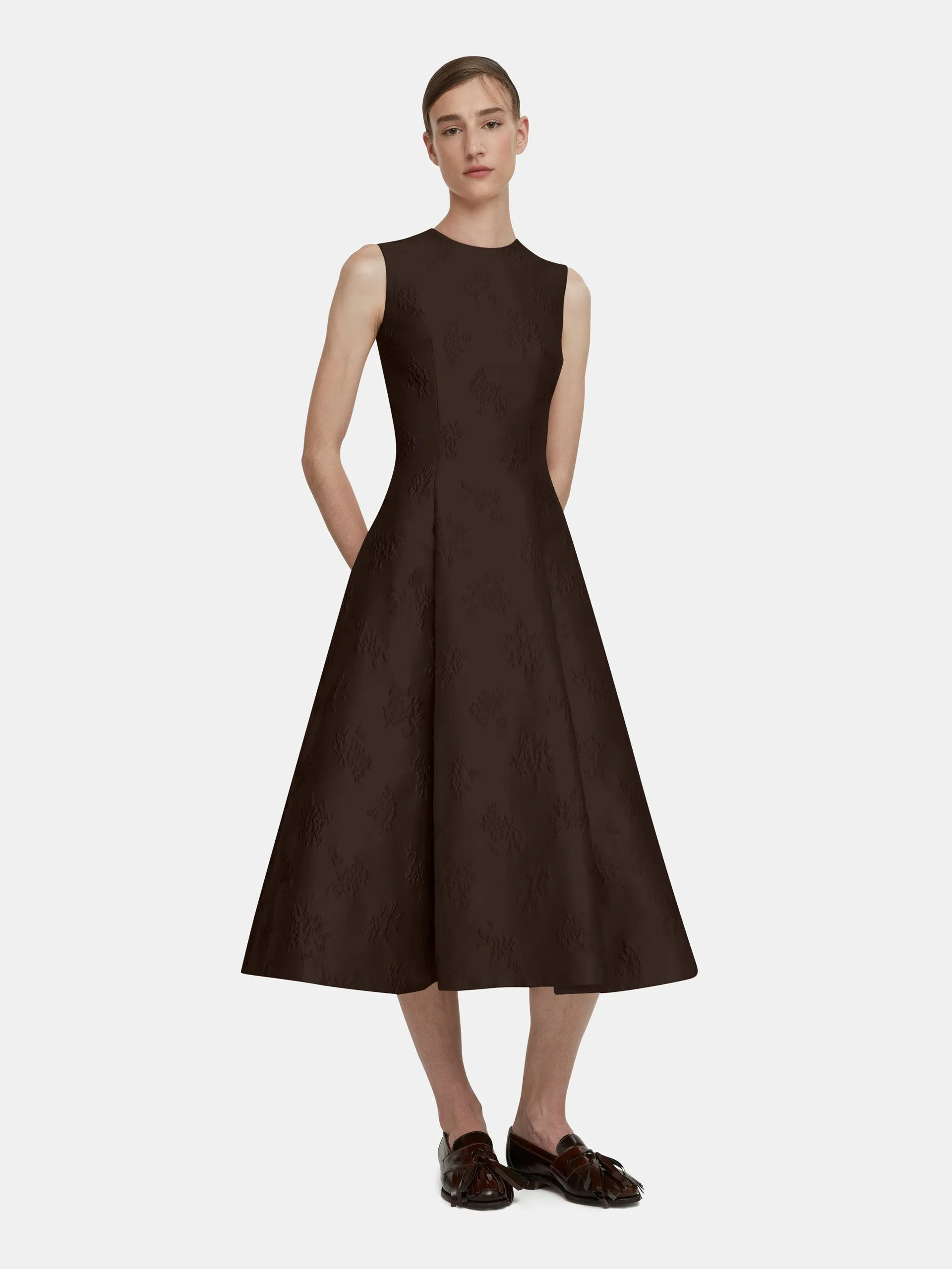 Mara dark brown ditsy floral jacquard dress