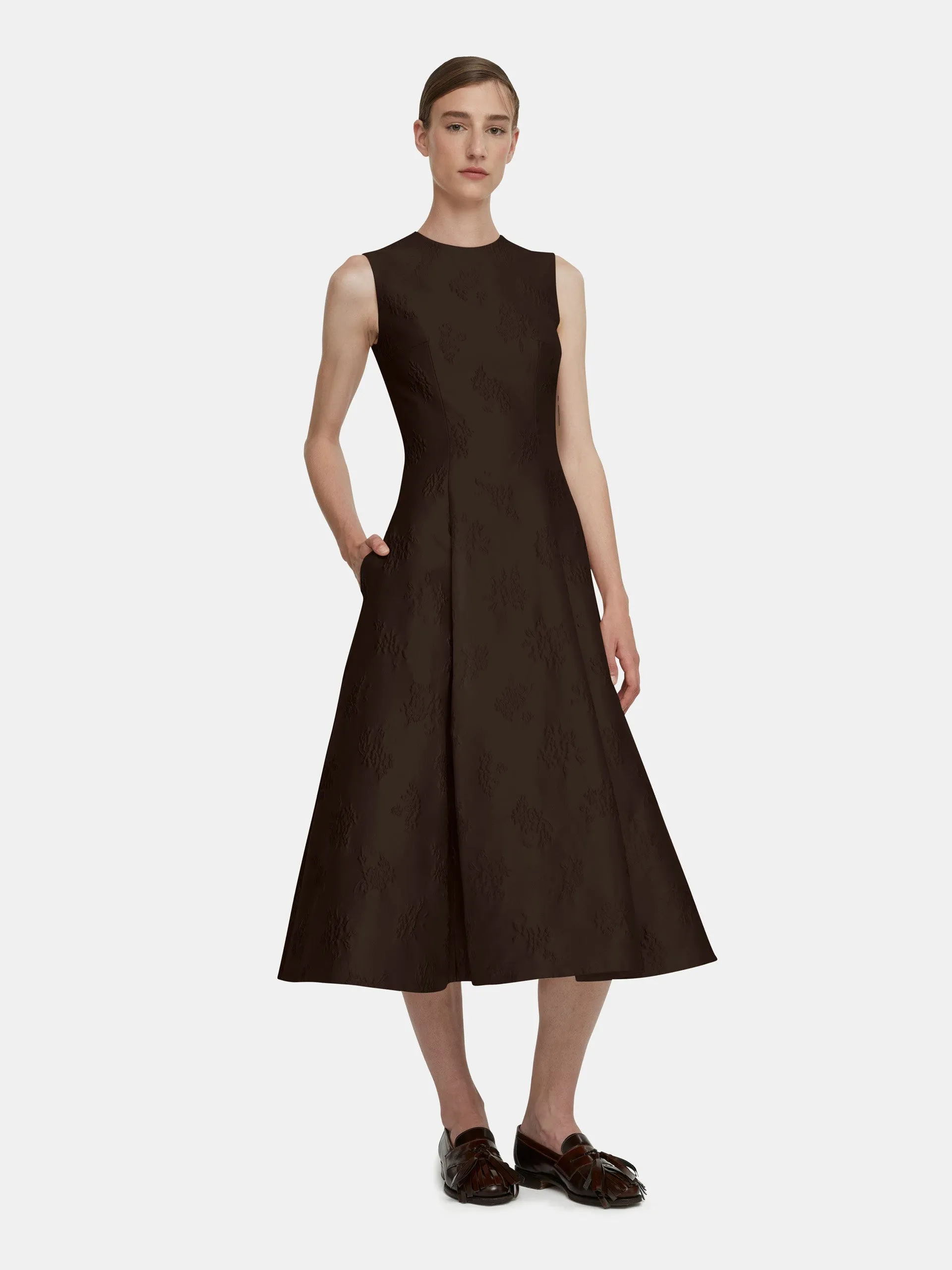 Mara dark brown ditsy floral jacquard dress