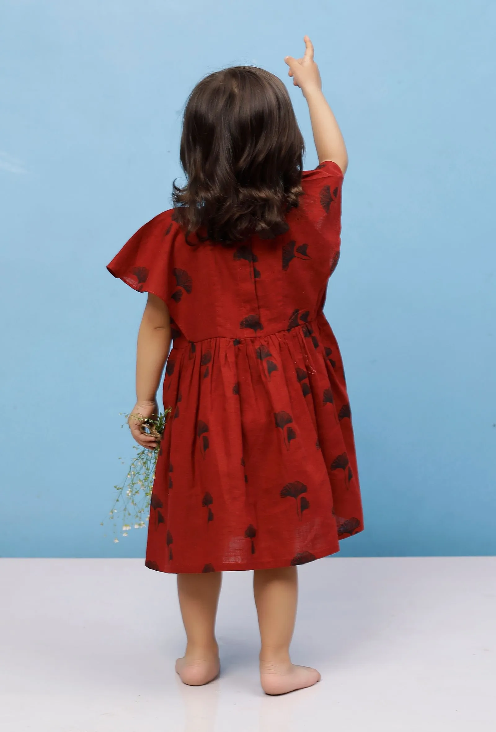 Maroon Cotton Slub Block Printed Gathered Dress