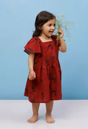 Maroon Cotton Slub Block Printed Gathered Dress