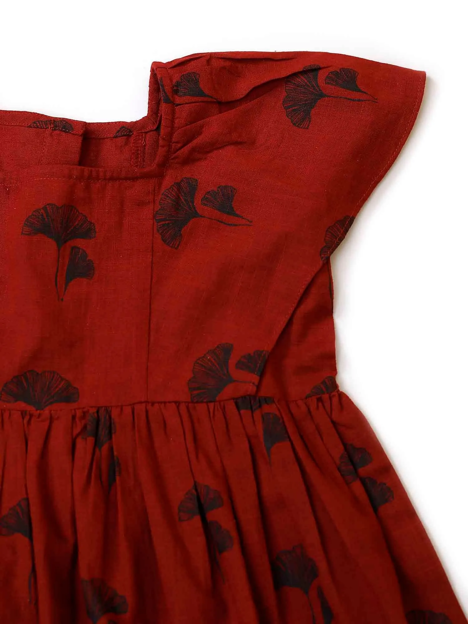 Maroon Cotton Slub Block Printed Gathered Dress