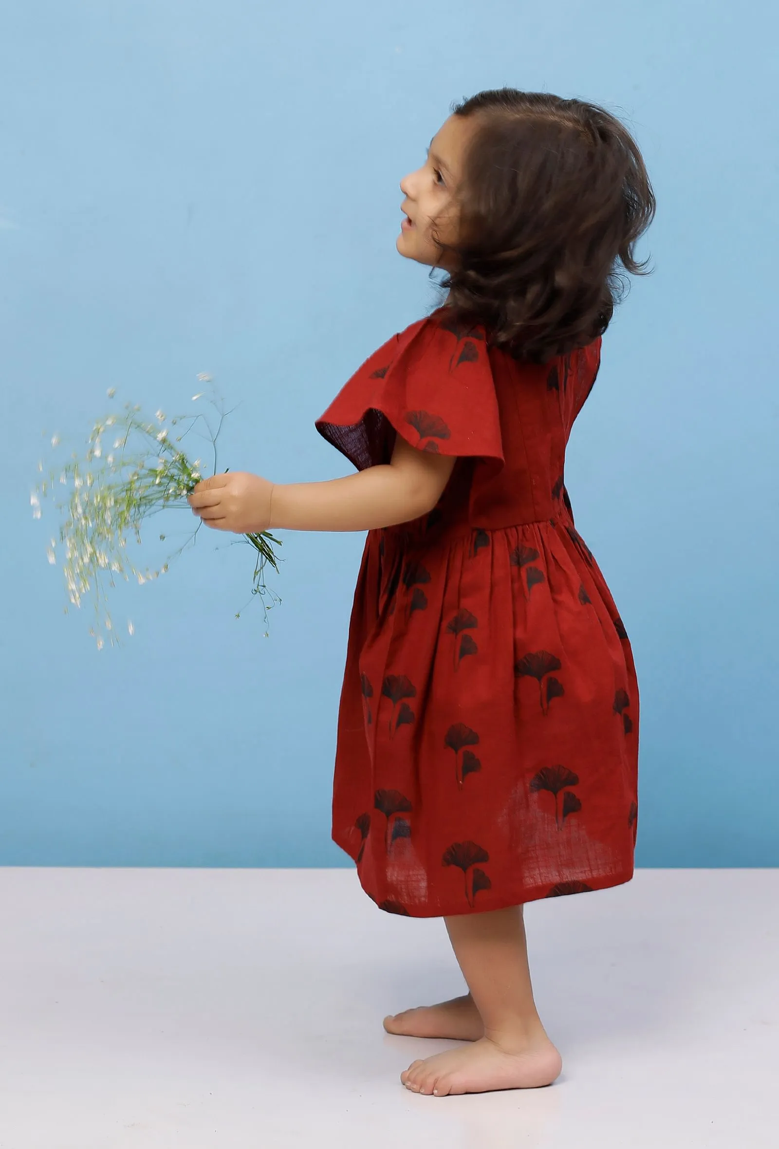 Maroon Cotton Slub Block Printed Gathered Dress