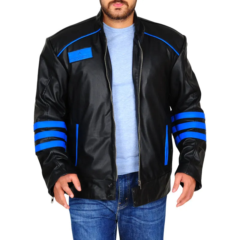 Mens Black & Blue Biker Leather Jacket
