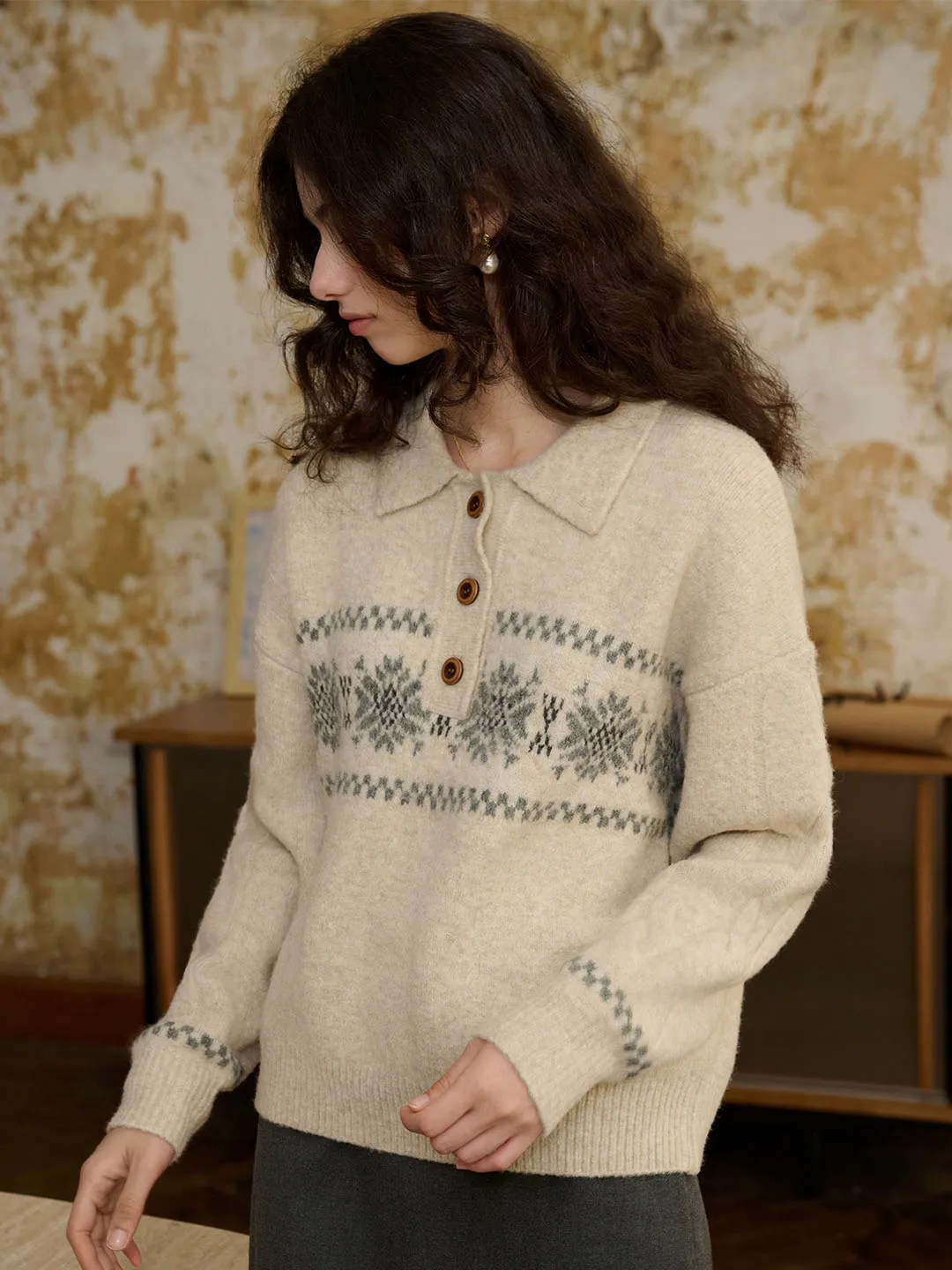 Norah Snowflake Jacquard Polo Fair Isle Knit Sweater