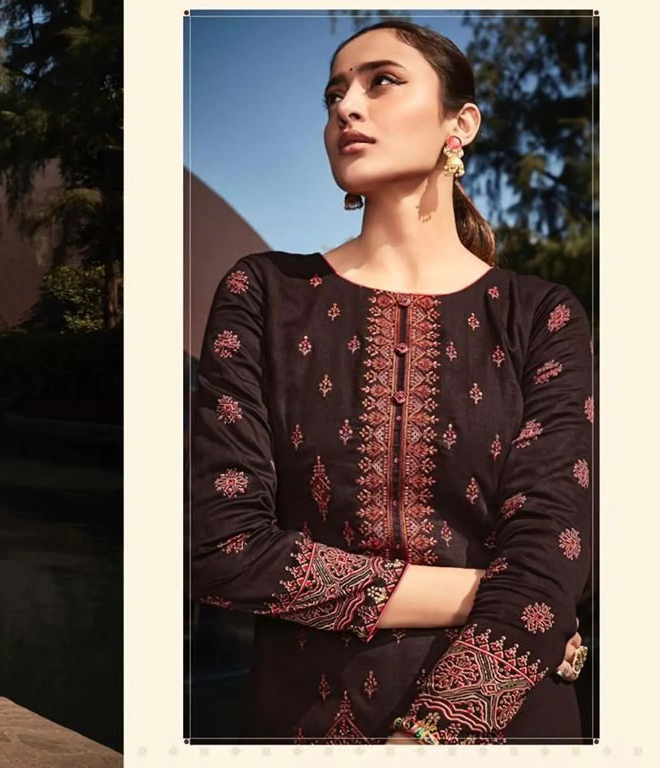 Pure Jam Satin Unstitched Brown Salwar Suits Set with Embroidery