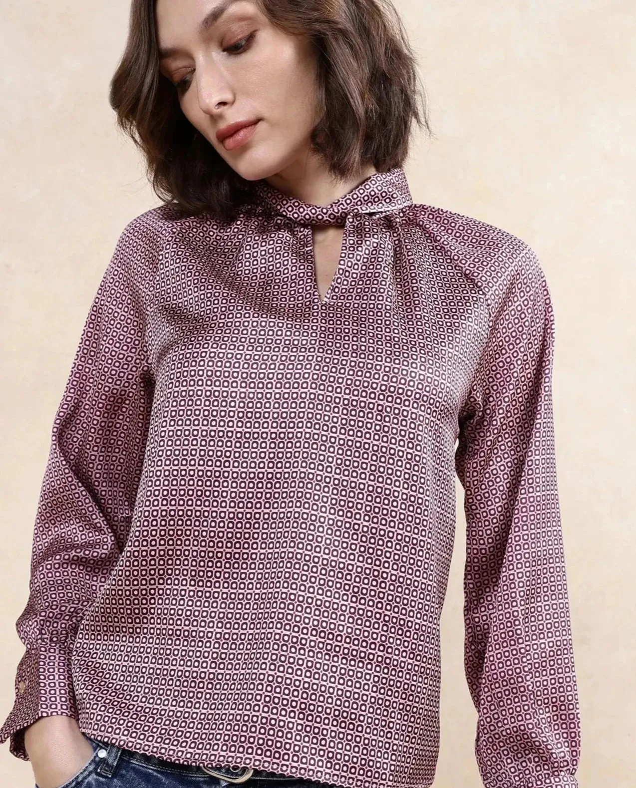 Rareism Women Inno Multi Satin Cuffed Sleeve High Neck Button Closure Geometric Print Top