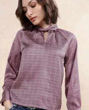 Rareism Women Inno Multi Satin Cuffed Sleeve High Neck Button Closure Geometric Print Top