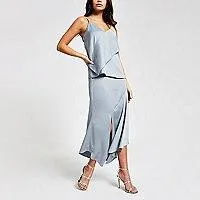 River Island Blue satin asymmetric midi womens skirt