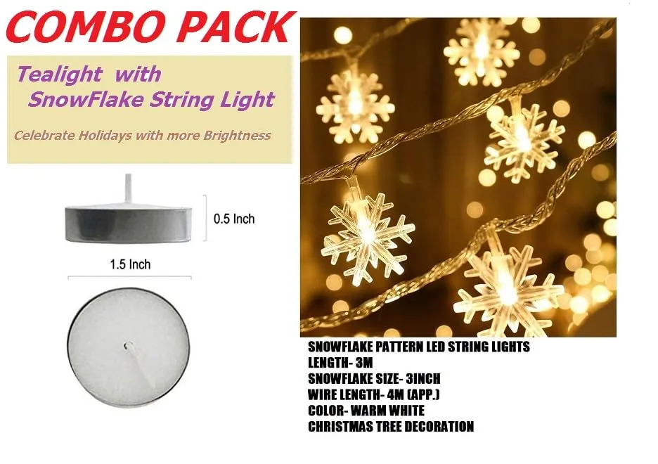 Shoppy Assist-Combo Delight Pack of TEALIGHT_100Pcs (2hr_Burn time)   Warm White_4mtrs 14LED SNOWLIGHT (1Pc)__Home Decoration Long-Lasting Decor,Diwali,Festival,Christmas,New Year,Gift,Light
