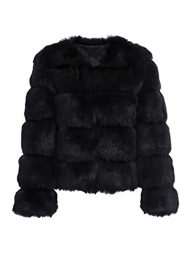 Simplee Women Luxury Winter Warm Fluffy Faux Fur Short Coat Jacket Parka Outwear (Black 10)