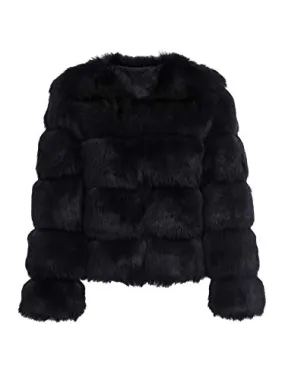 Simplee Women Luxury Winter Warm Fluffy Faux Fur Short Coat Jacket Parka Outwear (Black 10)