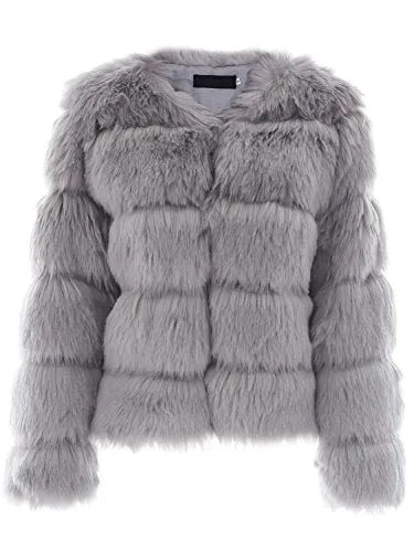Simplee Women Luxury Winter Warm Fluffy Faux Fur Short Coat Jacket Parka Outwear(Gray 0-2)