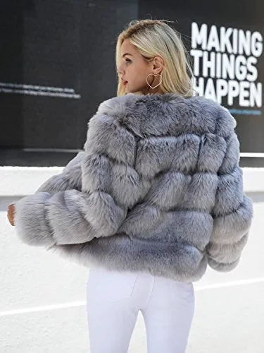 Simplee Women Luxury Winter Warm Fluffy Faux Fur Short Coat Jacket Parka Outwear(Gray 0-2)